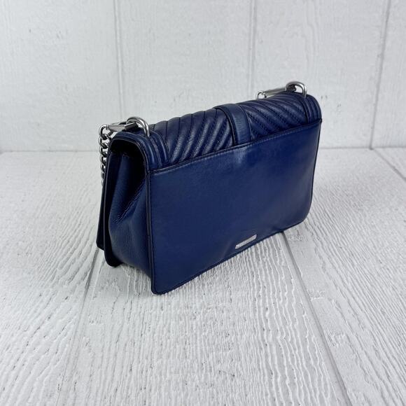 Rebecca Minkoff Chevron Quilted Love Crossbody Bag Blue Leather Chain Shoulder - Picture 4 of 12